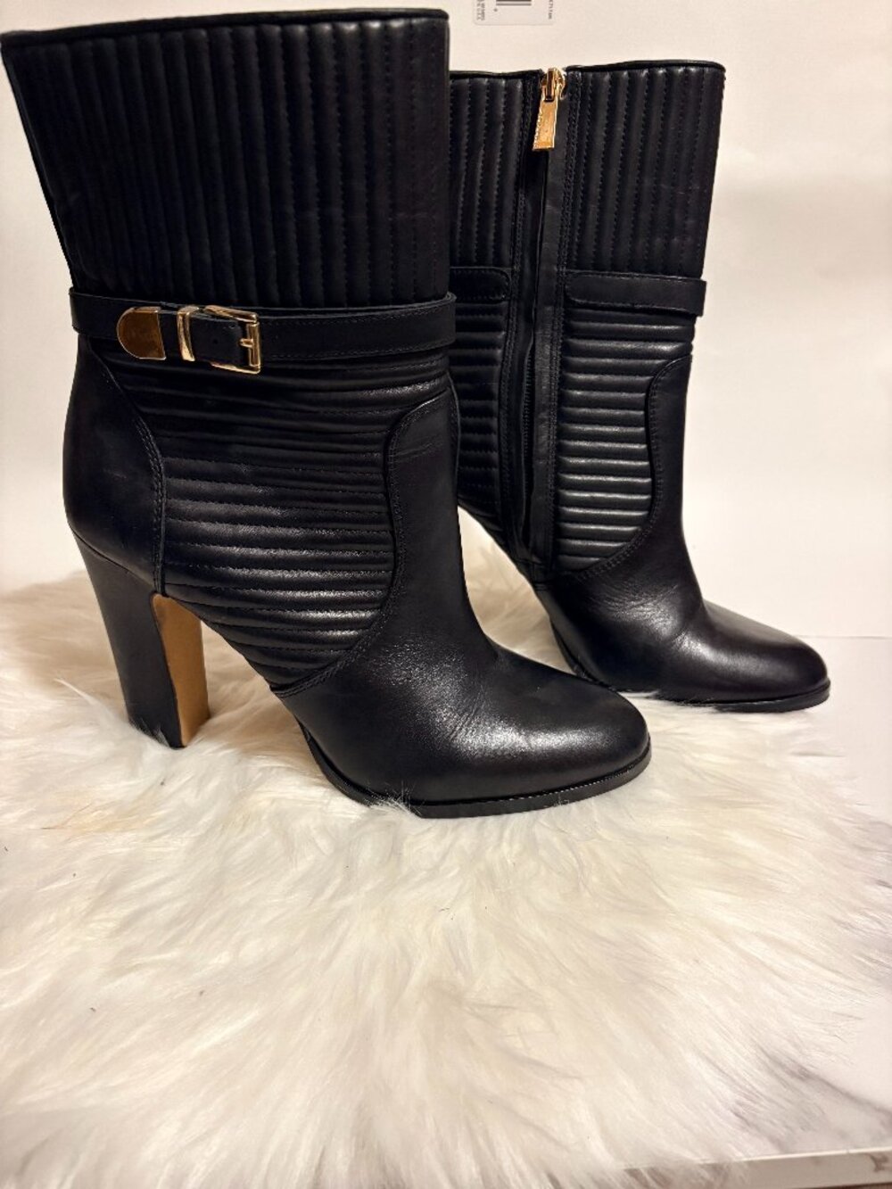 Vince Camuto Black Leather Moto Mid-Calf Boots Block Heel Buckle Zip Size 9.5